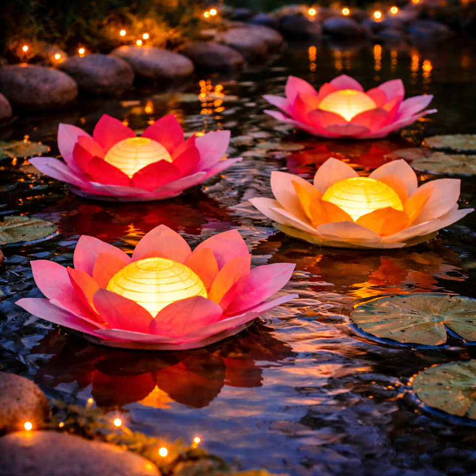 水面漂浮莲花祈愿灯